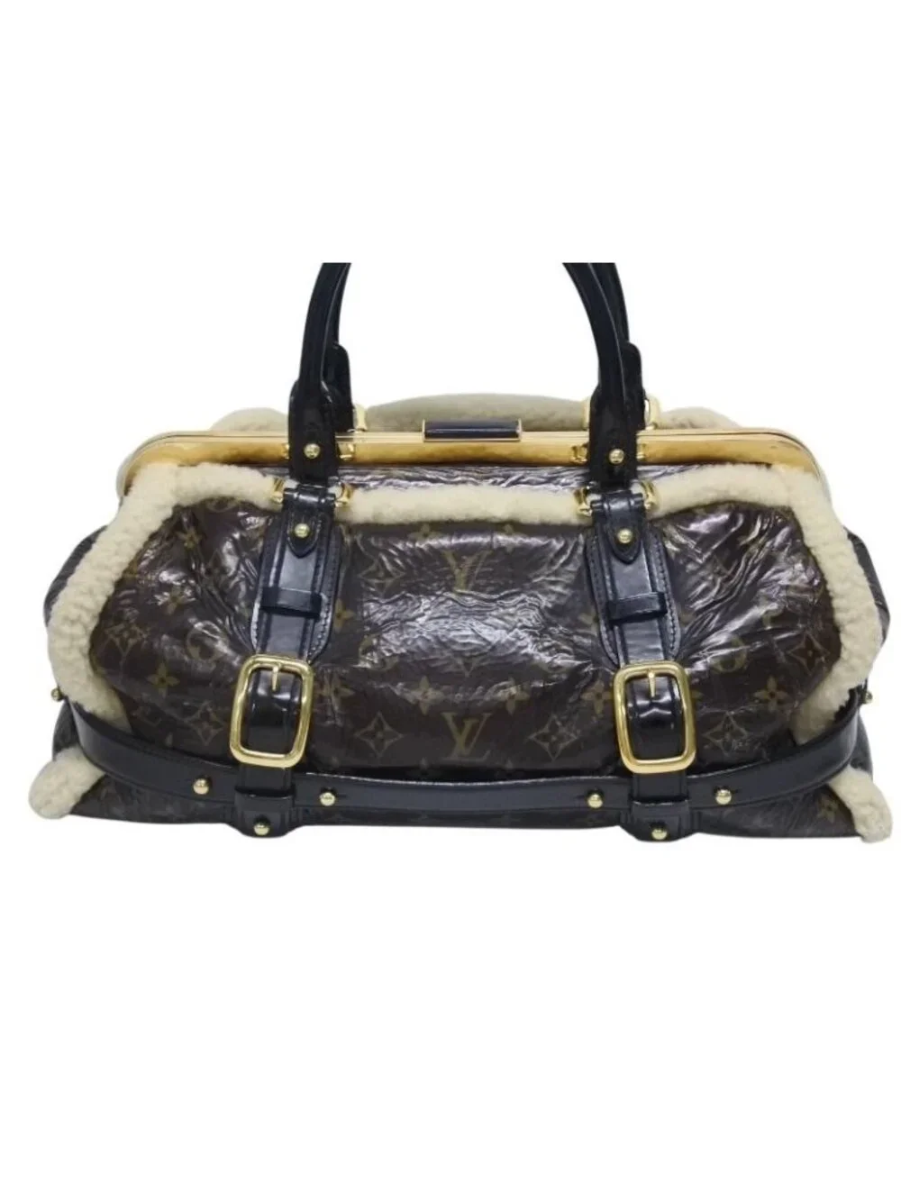 Louis Vuitton Monogram Shearling Storm Handbag Brown Patent Leather Sheepskin